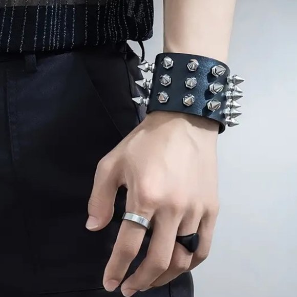 Black Spike Cuff Bracelet Rivet Wrist Rock Edgy PU Leather Goth Grunge CyberPunk - Picture 1 of 4